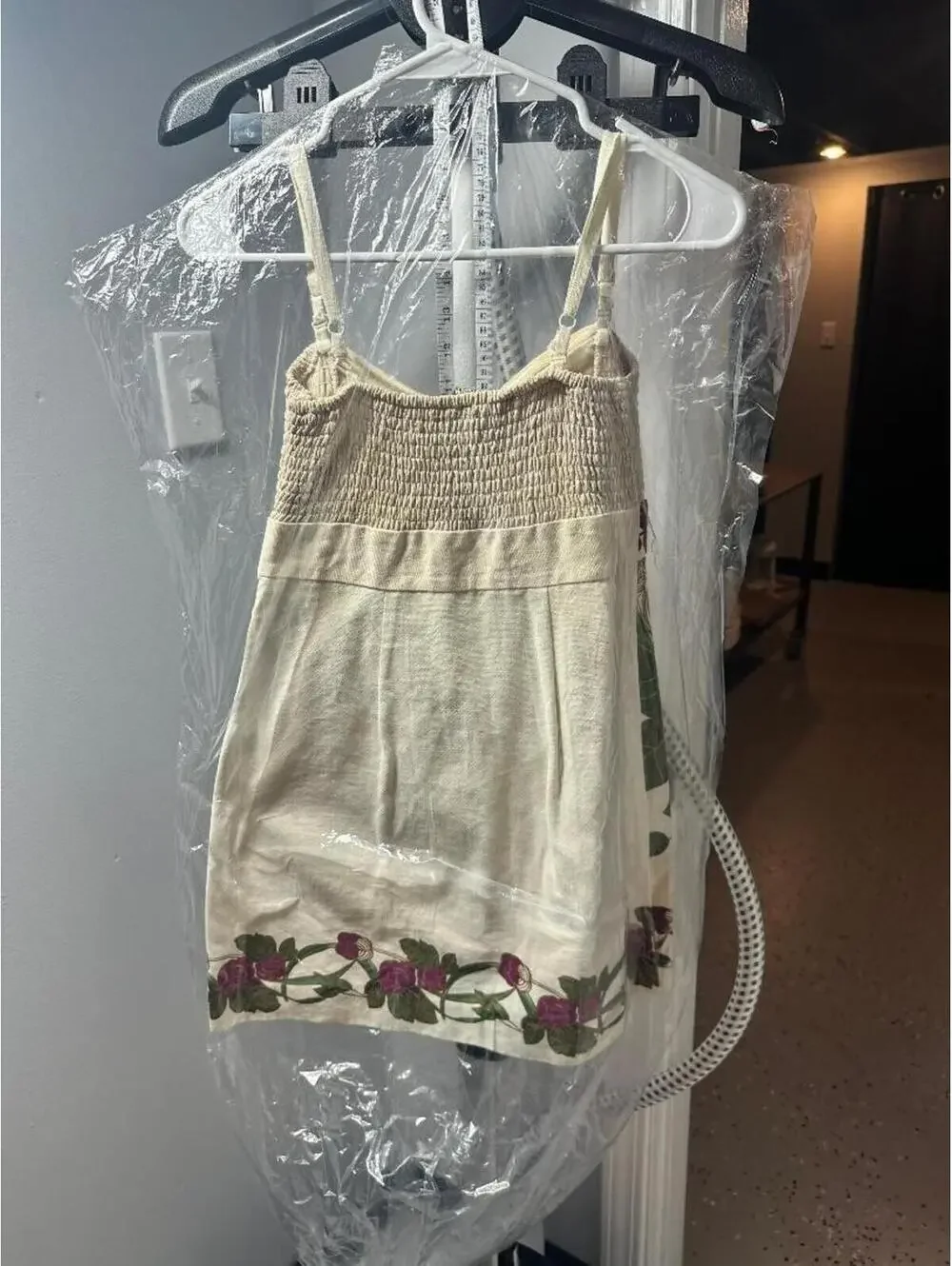 Free People Floral Mini Dress Size 6 Cream Purple Smocked Cami Boho Festival Gen